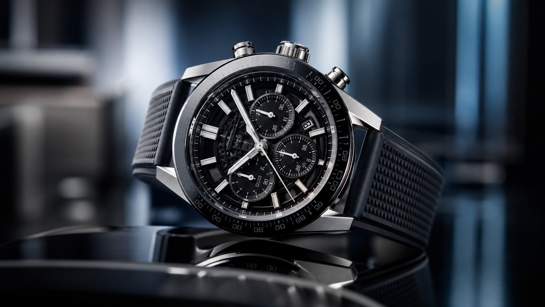 Jam tangan mewah modern dengan desain chronograph dan tali bertekstur, diletakkan di atas permukaan hitam reflektif dengan latar belakang buram biru gelap dan perak.
