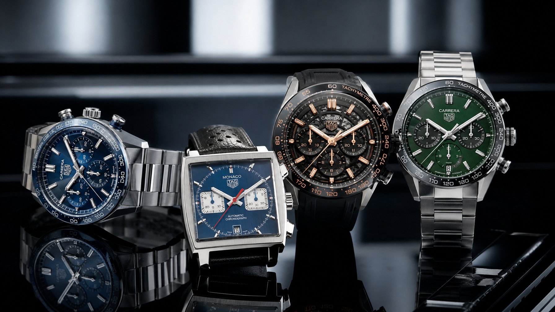 Beberapa jam tangan Tag Heuer terbaru tahun 2026 ditampilkan secara rapi di atas permukaan hitam yang mengkilap.
