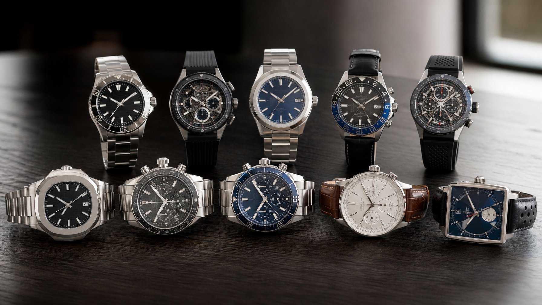 Sepuluh jam tangan pria Tag Heuer diletakkan rapi di atas permukaan kayu gelap.