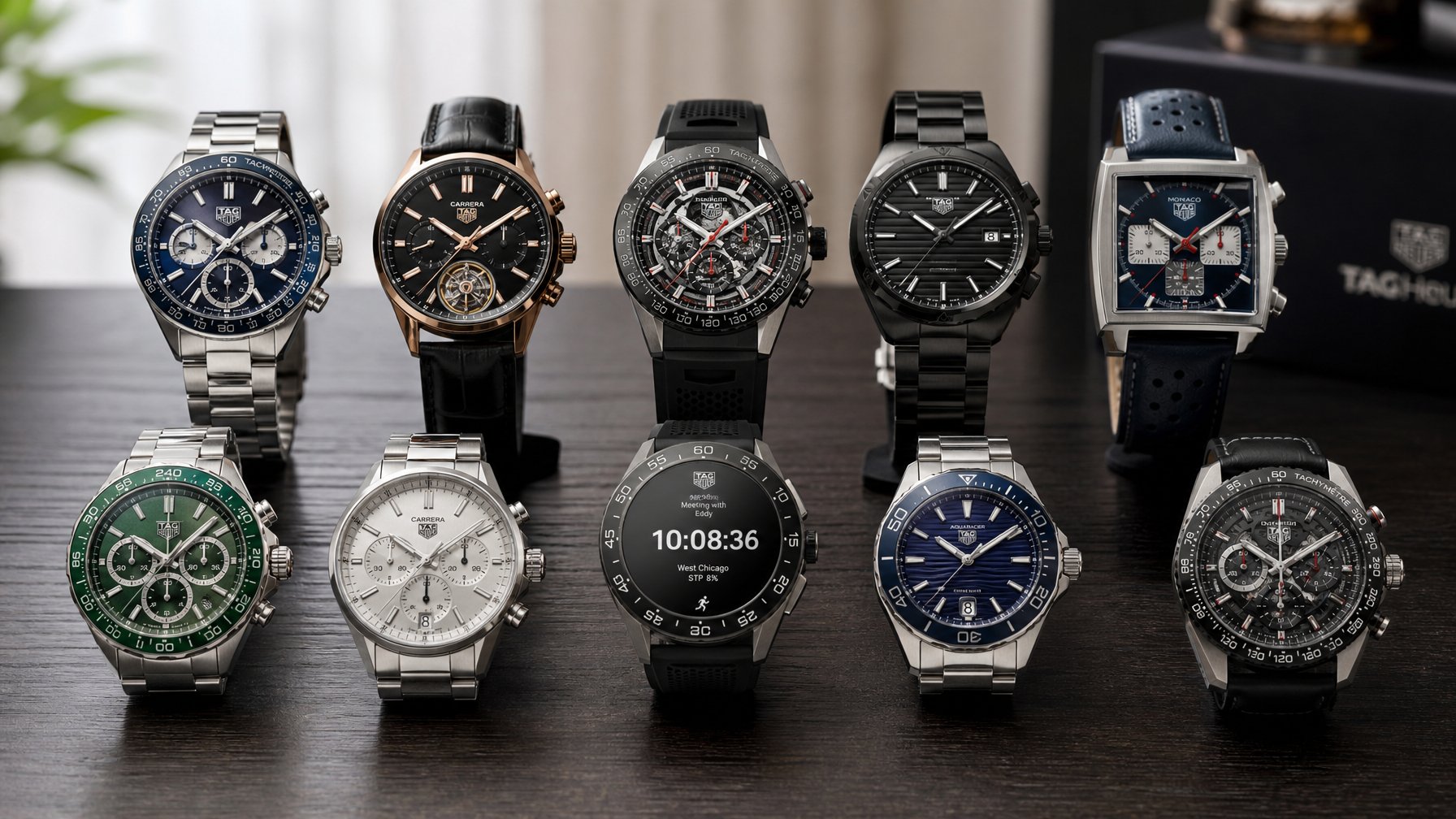 Sepuluh jam tangan pria Tag Heuer dengan berbagai desain dan bahan, ditata rapi di atas permukaan kayu gelap.