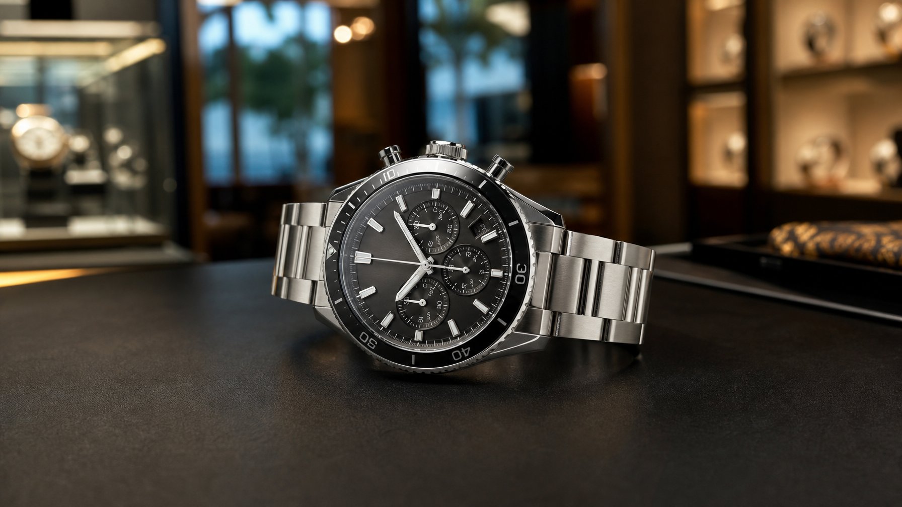 Jam tangan Tag Heuer mewah model 2026 yang ditampilkan di atas permukaan hitam dengan pencahayaan lembut, menunjukkan detail dan desain modernnya.