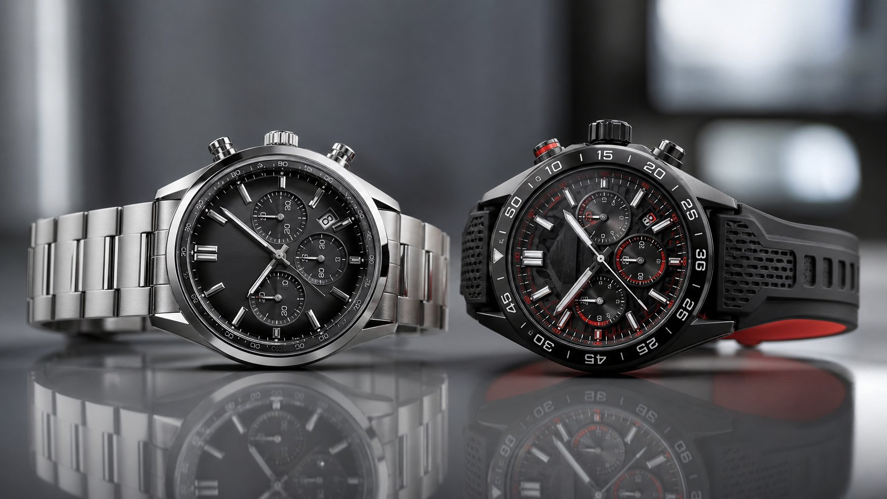 Dua jam tangan mewah Tag Heuer Carrera dan Formula 1 2026 diletakkan berdampingan di atas permukaan reflektif dengan latar belakang minimalis.