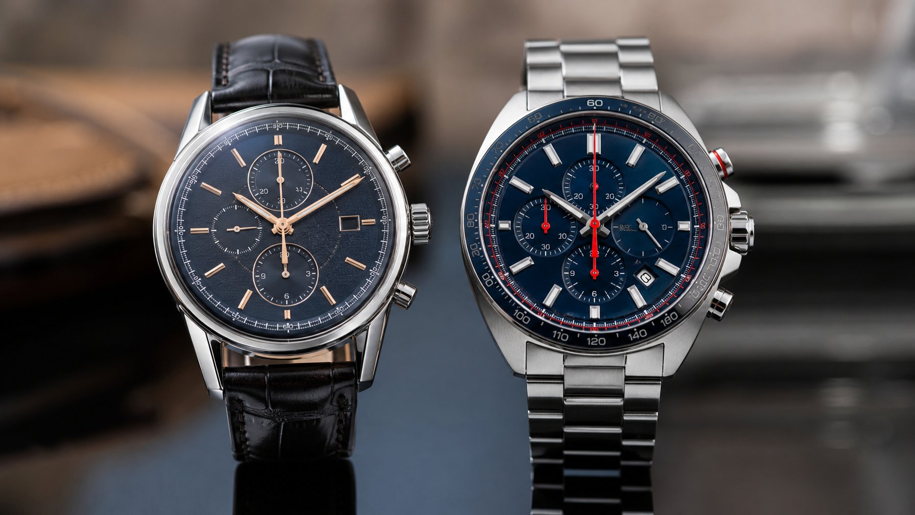 Dua jam tangan mewah Tag Heuer, satu dengan desain elegan dan satu dengan desain sporty, diletakkan berdampingan di atas permukaan hitam mengkilap.
