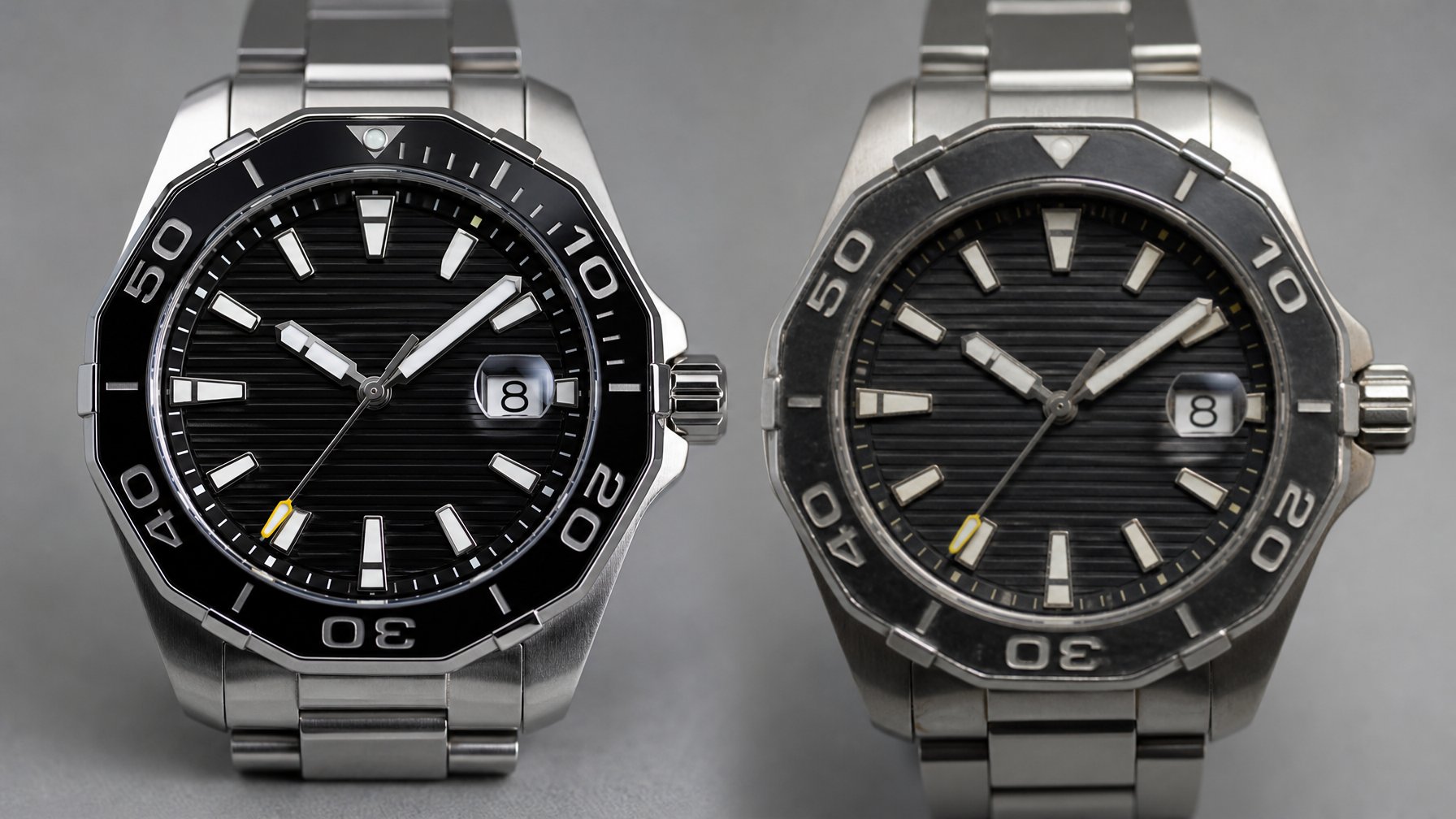Dua jam tangan Tag Heuer bersebelahan, satu asli dan satu palsu, menunjukkan perbedaan detail dan kualitas.