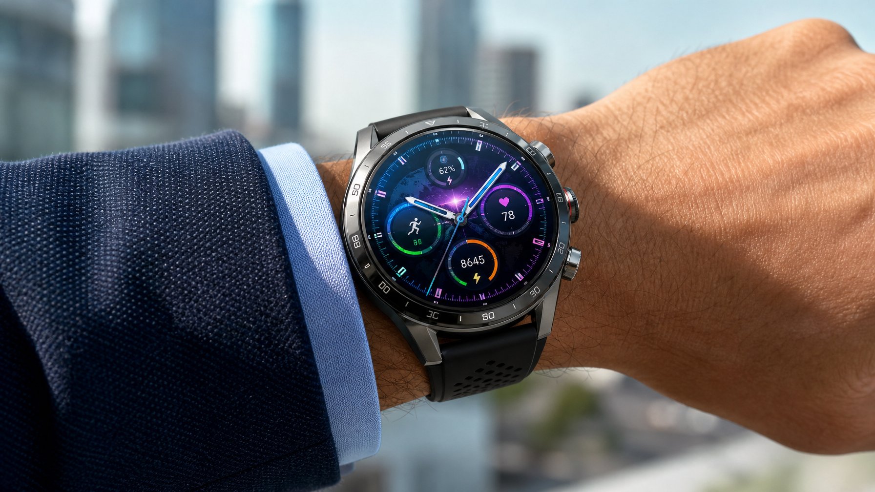 Seseorang mengenakan jam tangan pintar Tag Heuer Connected 2026 dengan latar belakang kota yang kabur.