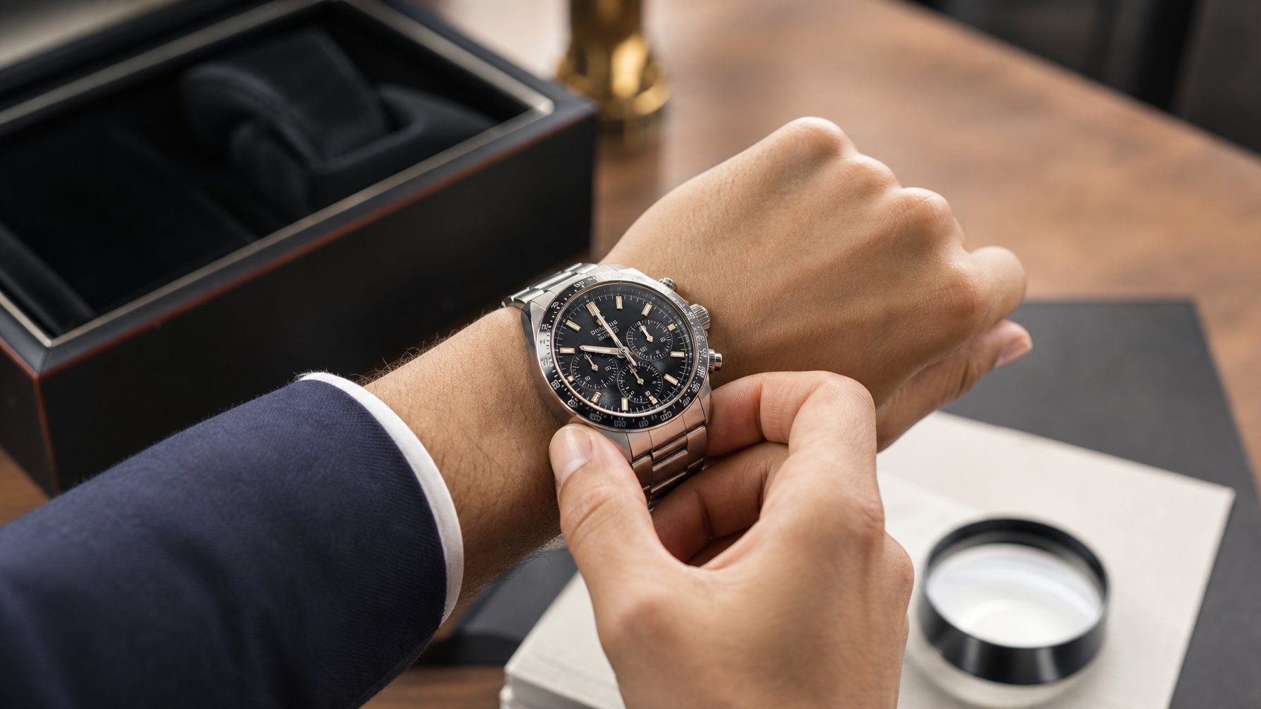Tangan yang memeriksa jam tangan Tag Heuer mewah di lingkungan yang terang dan rapi.
