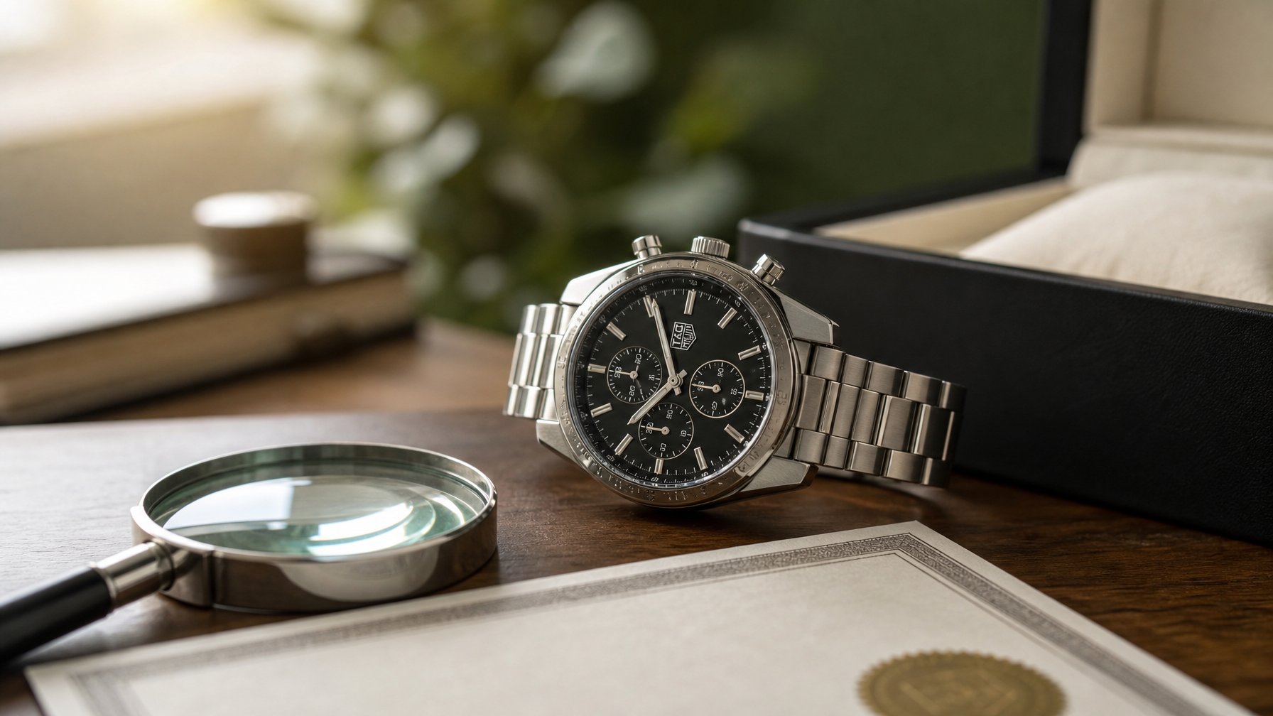 Foto close-up jam tangan Tag Heuer bekas yang elegan di atas meja kayu dengan kaca besar dan kotak jam mewah di latar belakang.