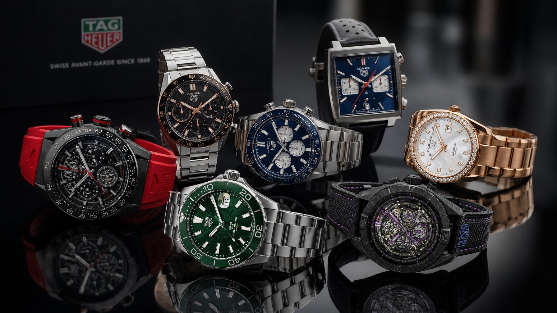 Beberapa jam tangan Tag Heuer terbaru 2026 dengan desain sport, mewah, dan edisi terbatas yang ditata rapi di atas permukaan hitam reflektif.