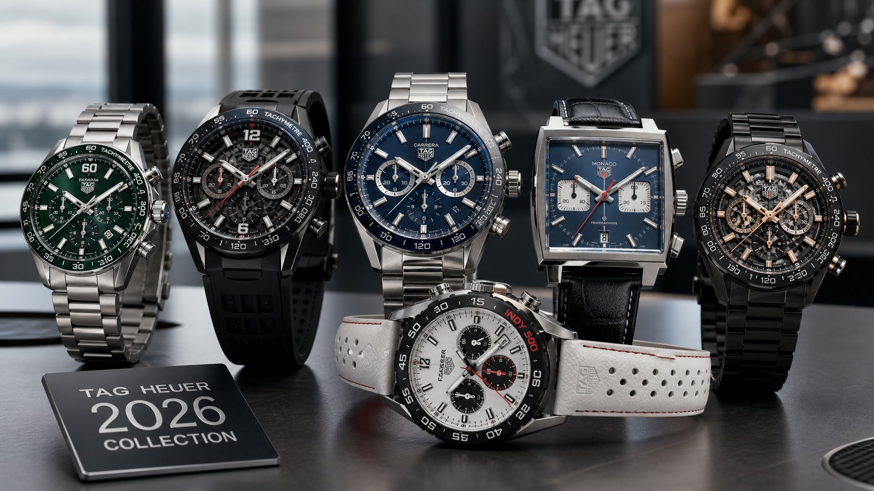 Beberapa jam tangan Tag Heuer terbaru 2026 ditampilkan di atas permukaan modern dengan pencahayaan lembut, menampilkan berbagai model sport, mewah, dan edisi terbatas.