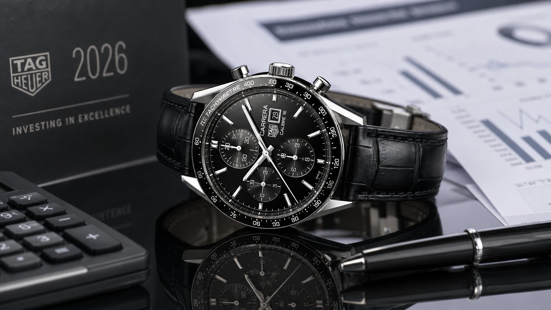 Jam tangan Tag Heuer mewah diletakkan di atas permukaan hitam dengan dokumen dan alat tulis di sekitarnya.