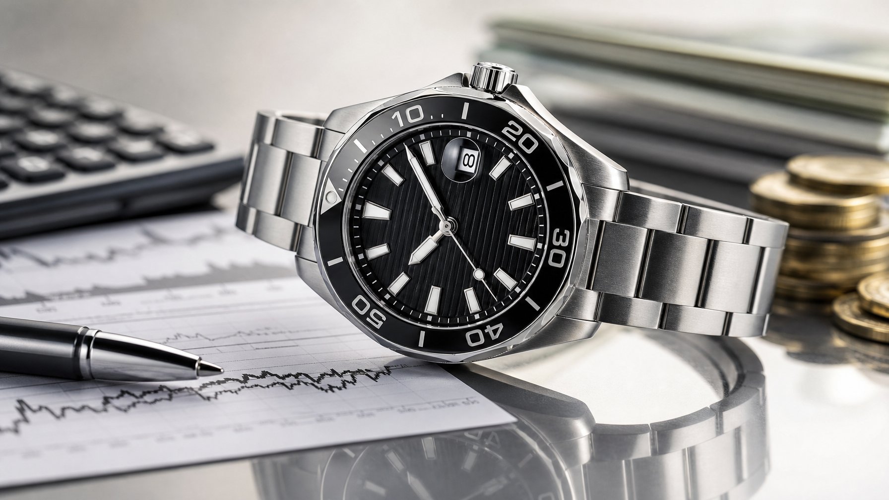 Jam tangan mewah Tag Heuer diletakkan di atas permukaan reflektif dengan latar belakang alat keuangan seperti grafik dan kalkulator.