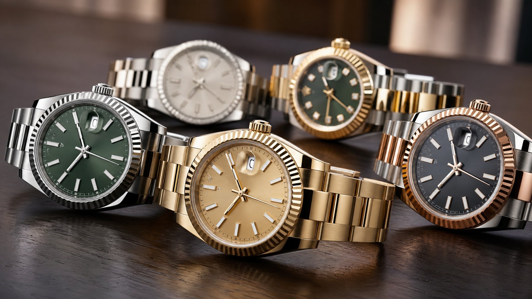 Beberapa jam tangan Rolex terbaru tahun 2026 yang dipajang di atas permukaan kayu gelap dengan pencahayaan lembut.