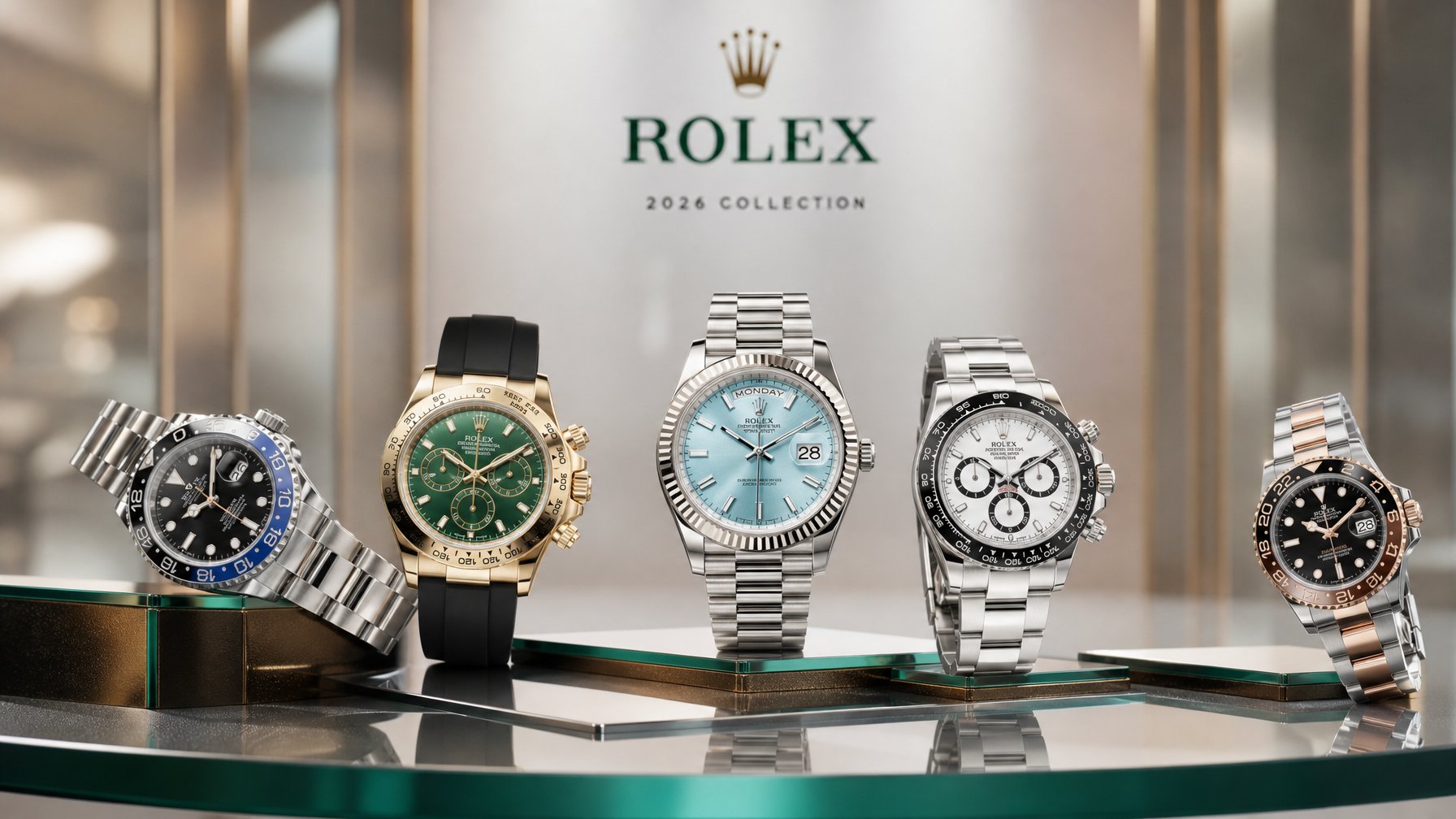 Beberapa jam tangan Rolex terbaru tahun 2026 ditampilkan secara rapi di atas permukaan reflektif dengan latar belakang buram.