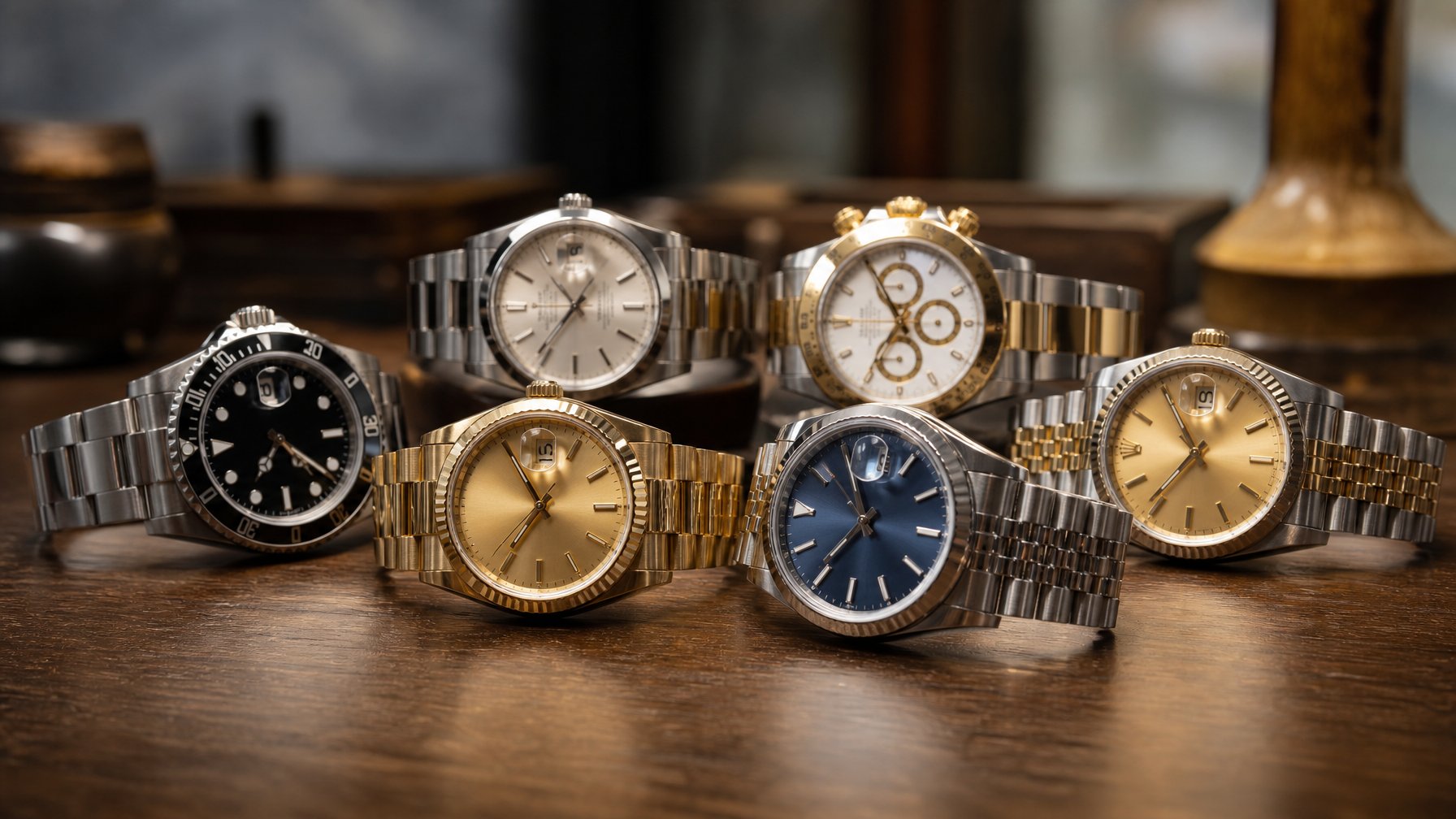 Beberapa jam tangan Rolex pria diletakkan rapi di atas permukaan kayu gelap, menampilkan berbagai model klasik dengan tali logam dan wajah jam yang jelas.
