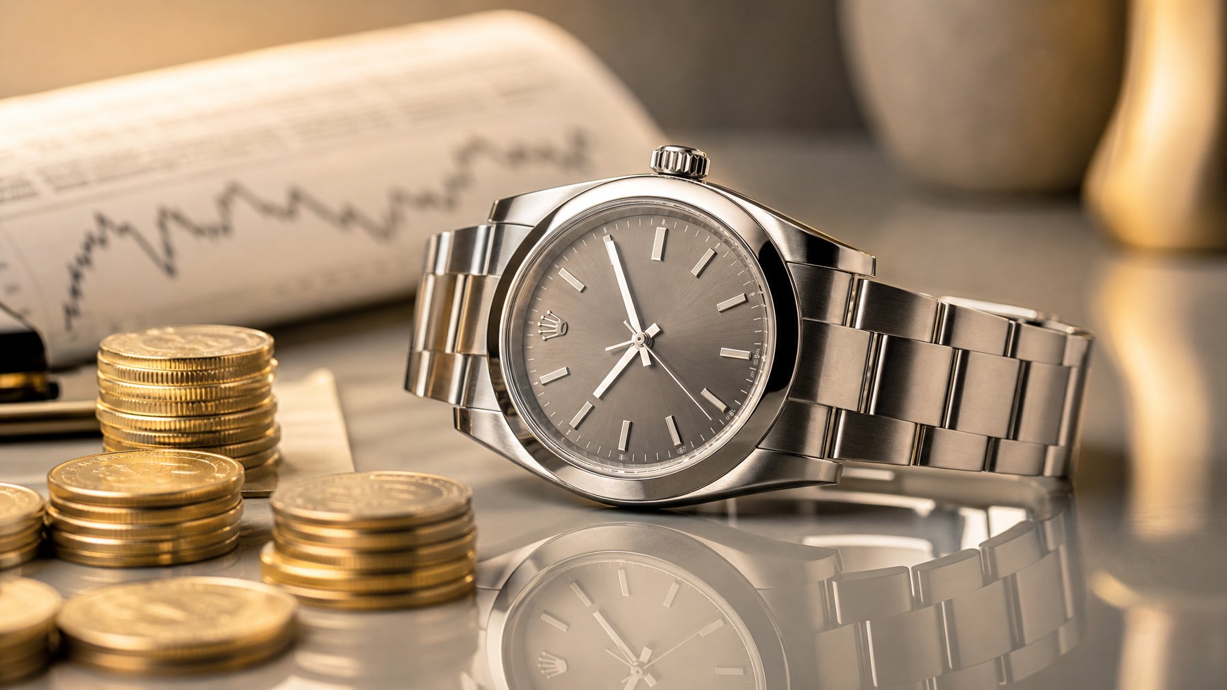 Sebuah jam tangan Rolex pria mewah diletakkan di atas permukaan reflektif dengan koin emas dan grafik pasar saham di latar belakang.