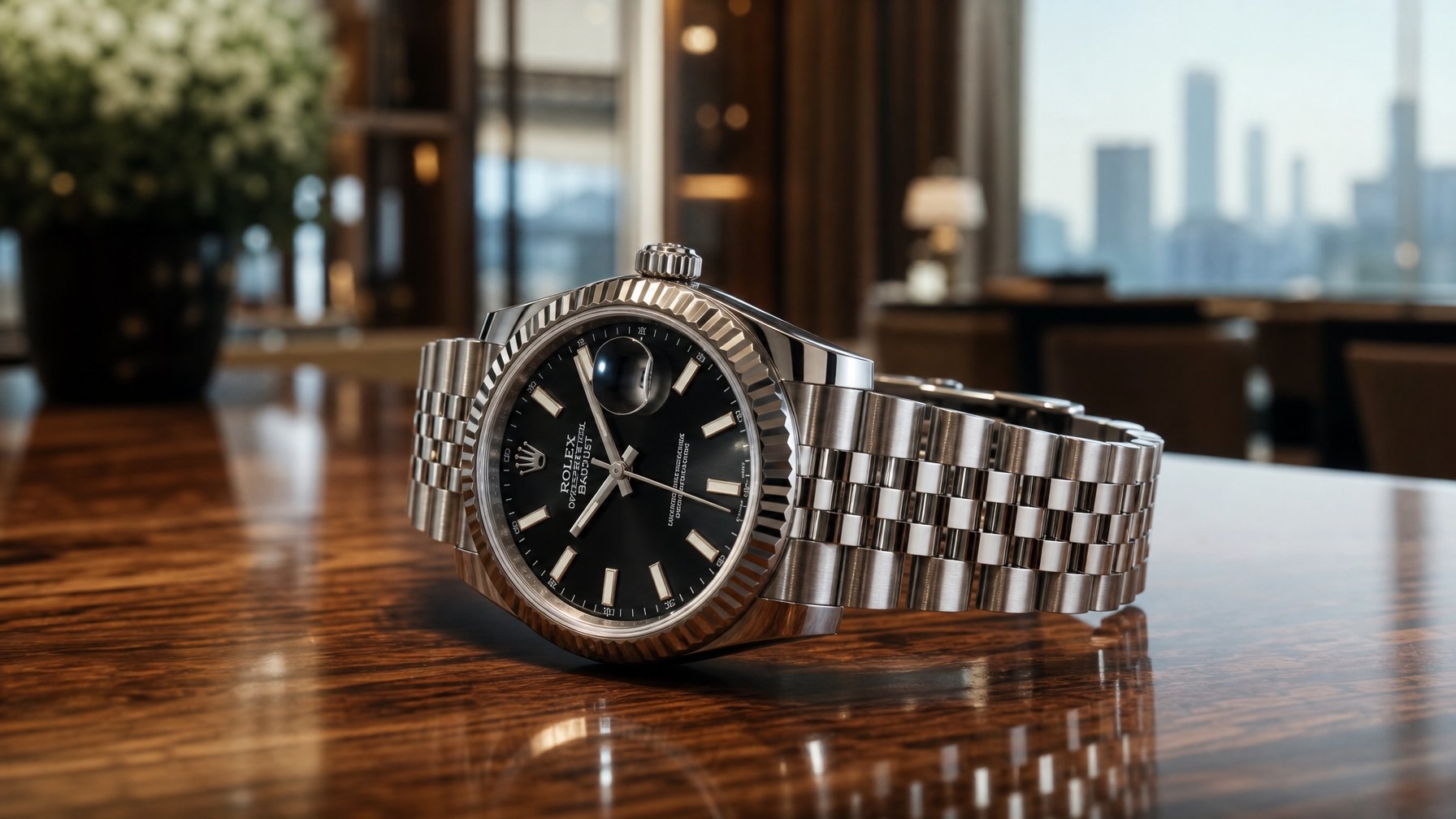 Foto jam tangan Rolex asli yang terletak di atas permukaan kayu dengan latar belakang ruangan modern di Indonesia.