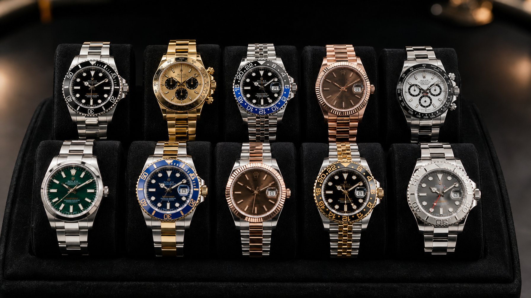 Sepuluh jam tangan Rolex mewah dengan berbagai desain dan warna tersusun rapi di atas permukaan beludru hitam.