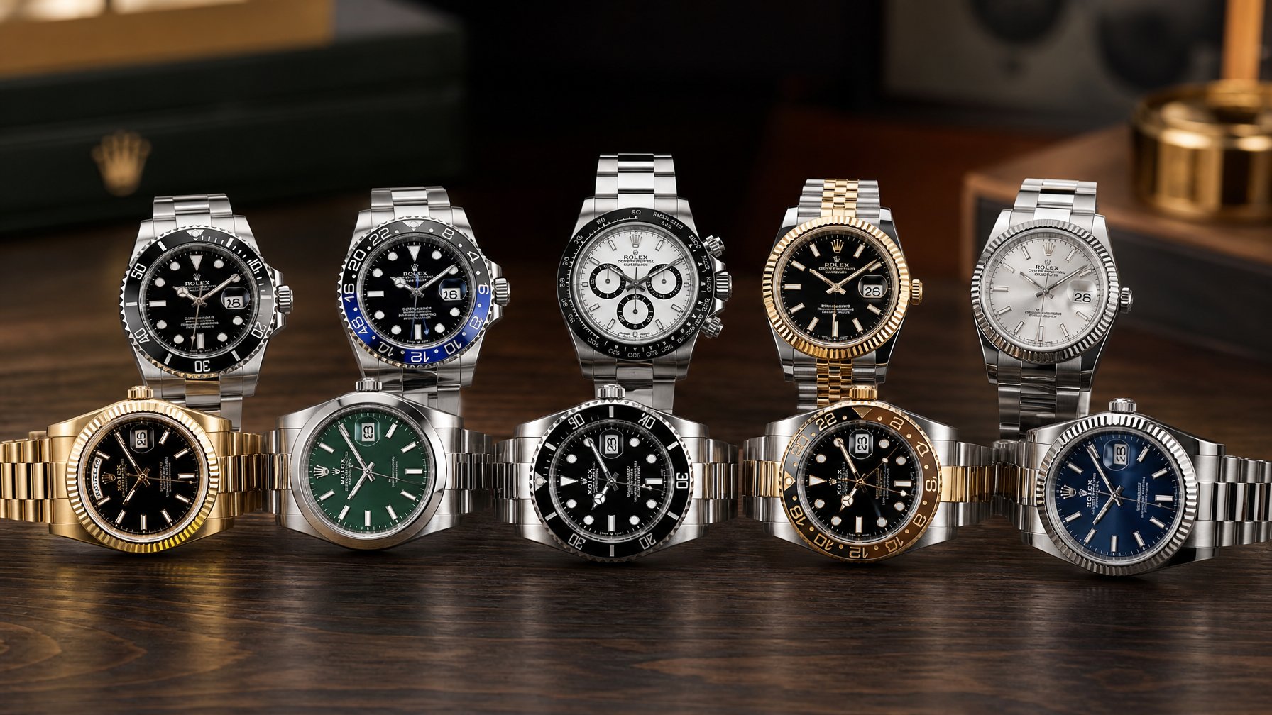 Sepuluh jam tangan Rolex berbagai model dan warna disusun rapi di atas permukaan kayu gelap dengan pencahayaan lembut.