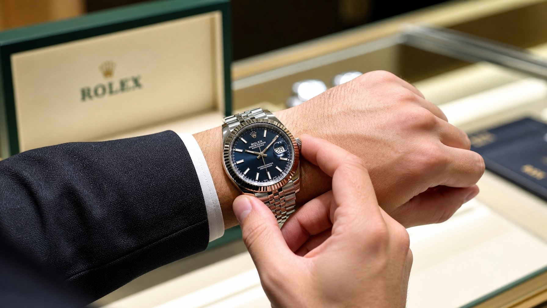 Tangan seseorang sedang memegang dan memeriksa jam tangan Rolex asli di lingkungan toko jam tangan mewah.