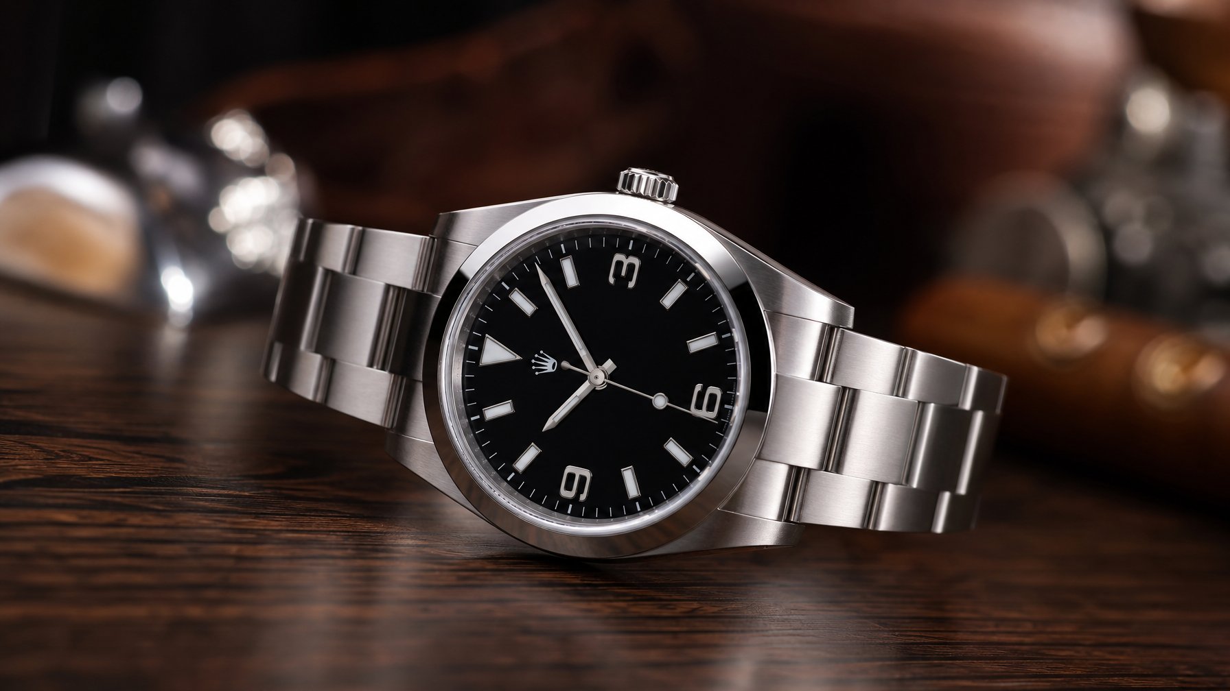 Sebuah jam tangan Rolex mewah diletakkan di atas permukaan kayu gelap dengan fokus pada detail dan logo di bagian dial.