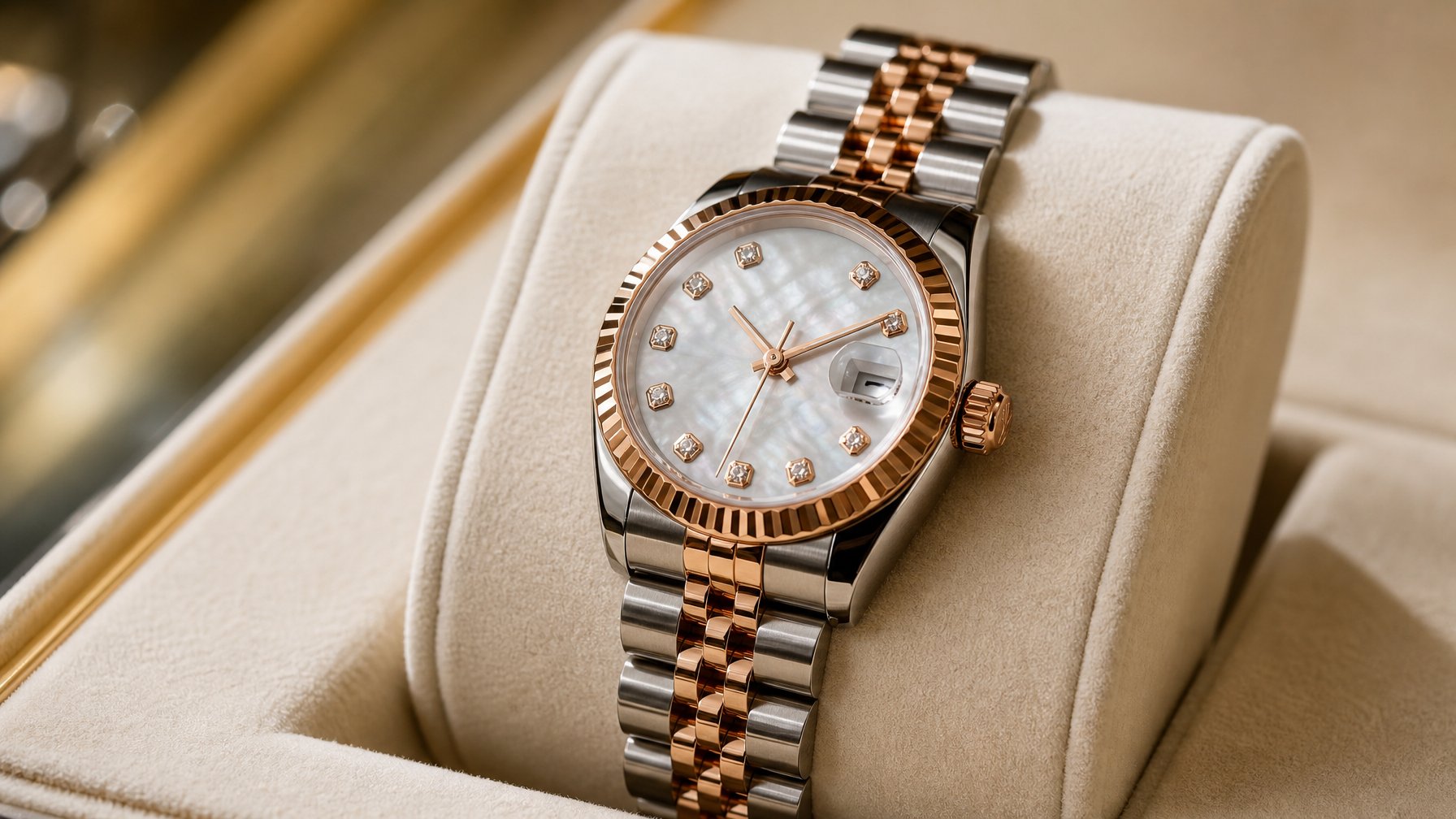 Foto close-up jam tangan Rolex wanita terbaru dengan desain elegan dan detail mewah.