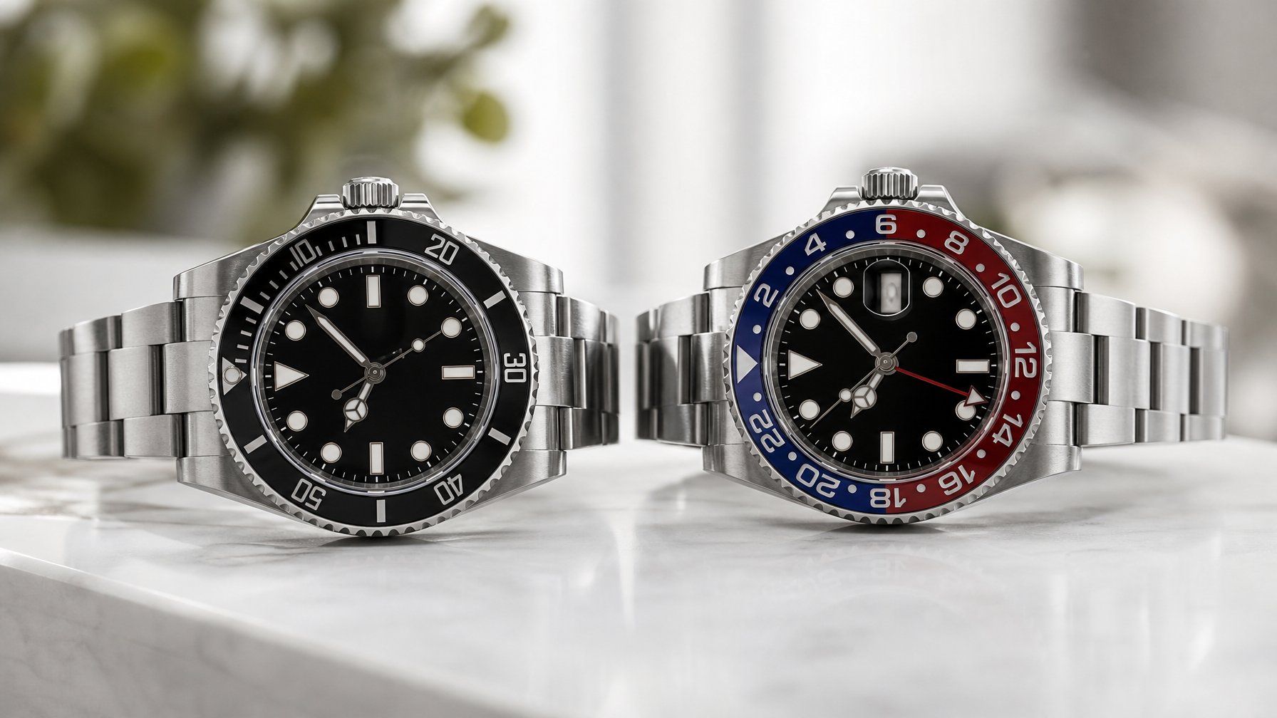Dua jam tangan mewah Rolex Submariner dan GMT-Master II 2026 diletakkan berdampingan di atas permukaan putih dengan pencahayaan alami.