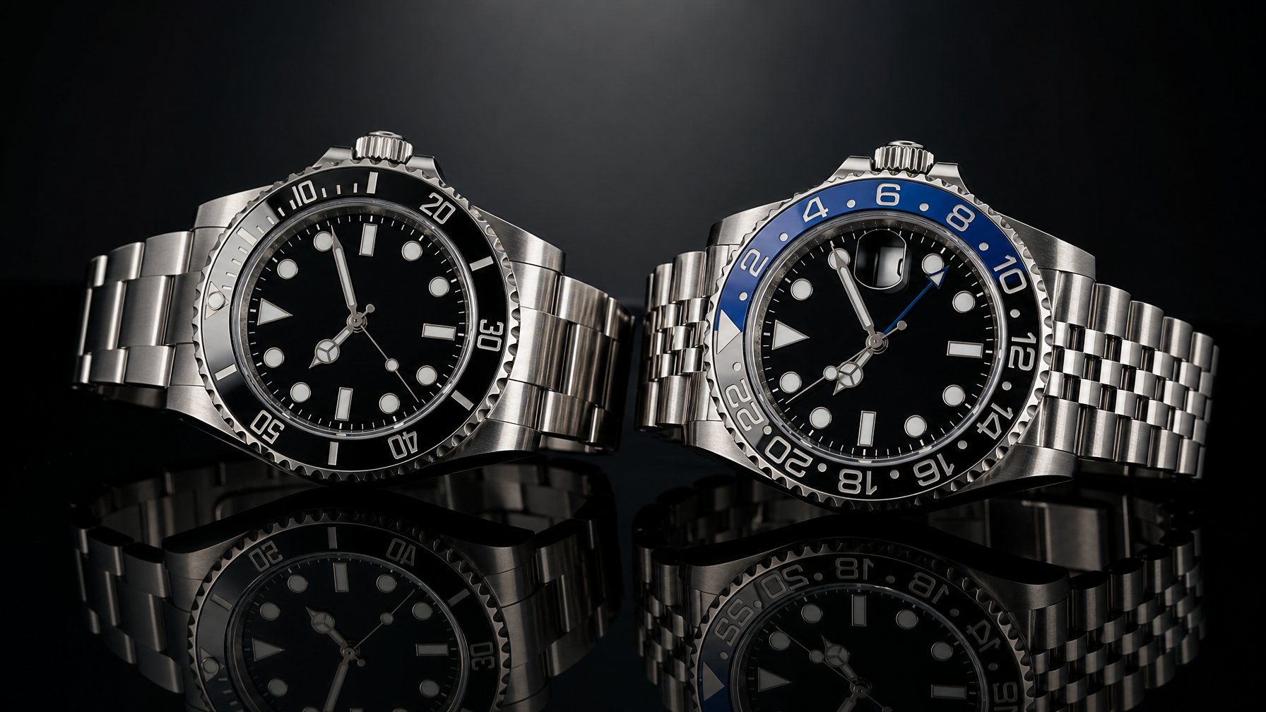 Dua jam tangan mewah Rolex Submariner dan GMT-Master II diletakkan berdampingan di atas permukaan hitam reflektif.