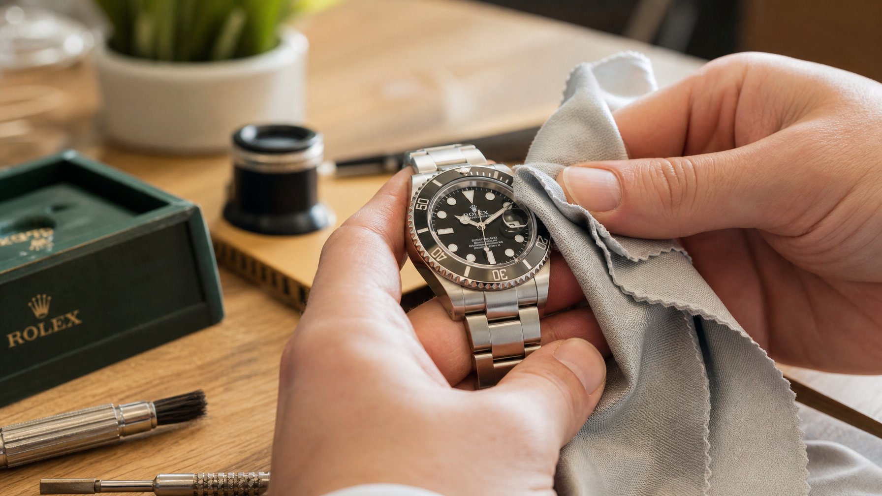 Seseorang sedang membersihkan jam tangan Rolex dengan kain lembut di atas meja kayu.