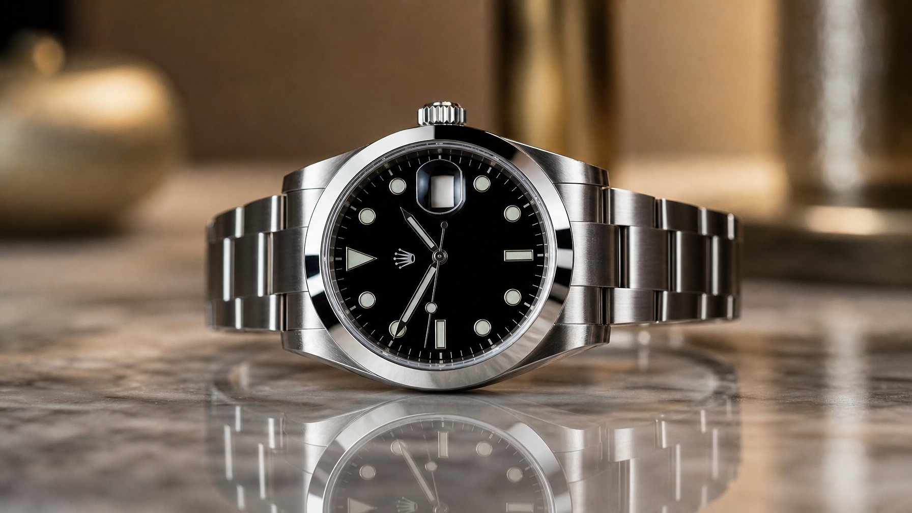 Foto close-up jam tangan Rolex asli yang diletakkan di atas permukaan reflektif dengan latar belakang buram.