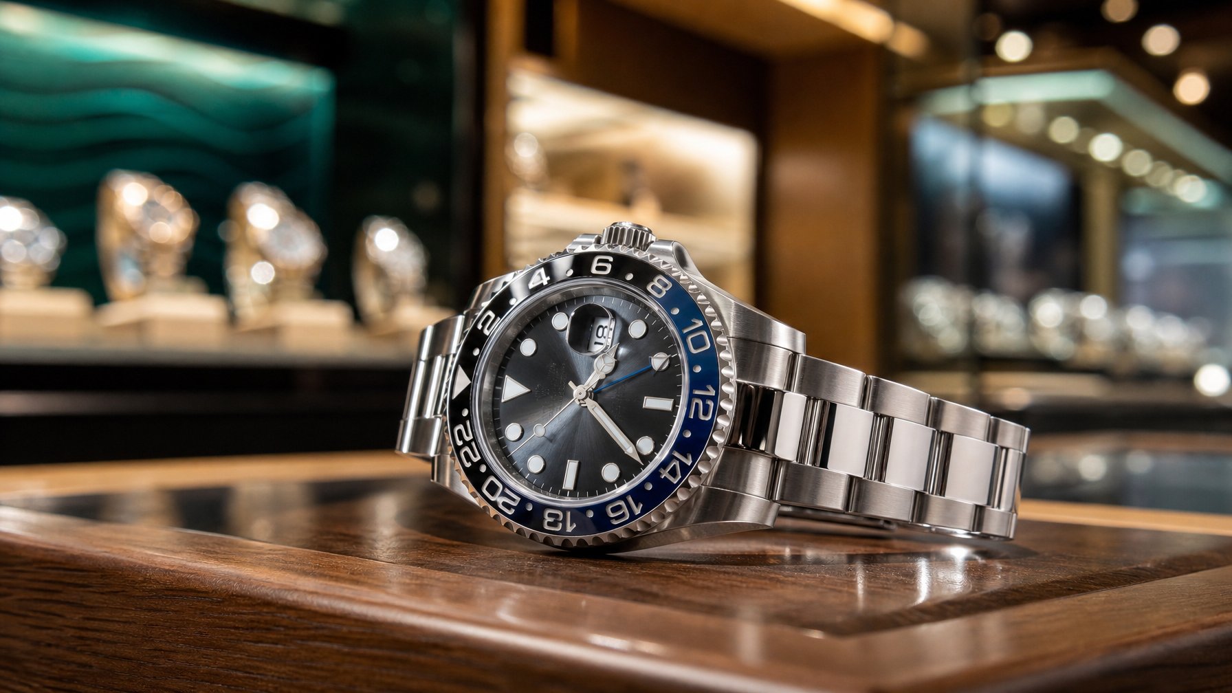 Foto close-up jam tangan Rolex mewah yang diletakkan di atas permukaan kayu dengan latar belakang toko jam yang samar.