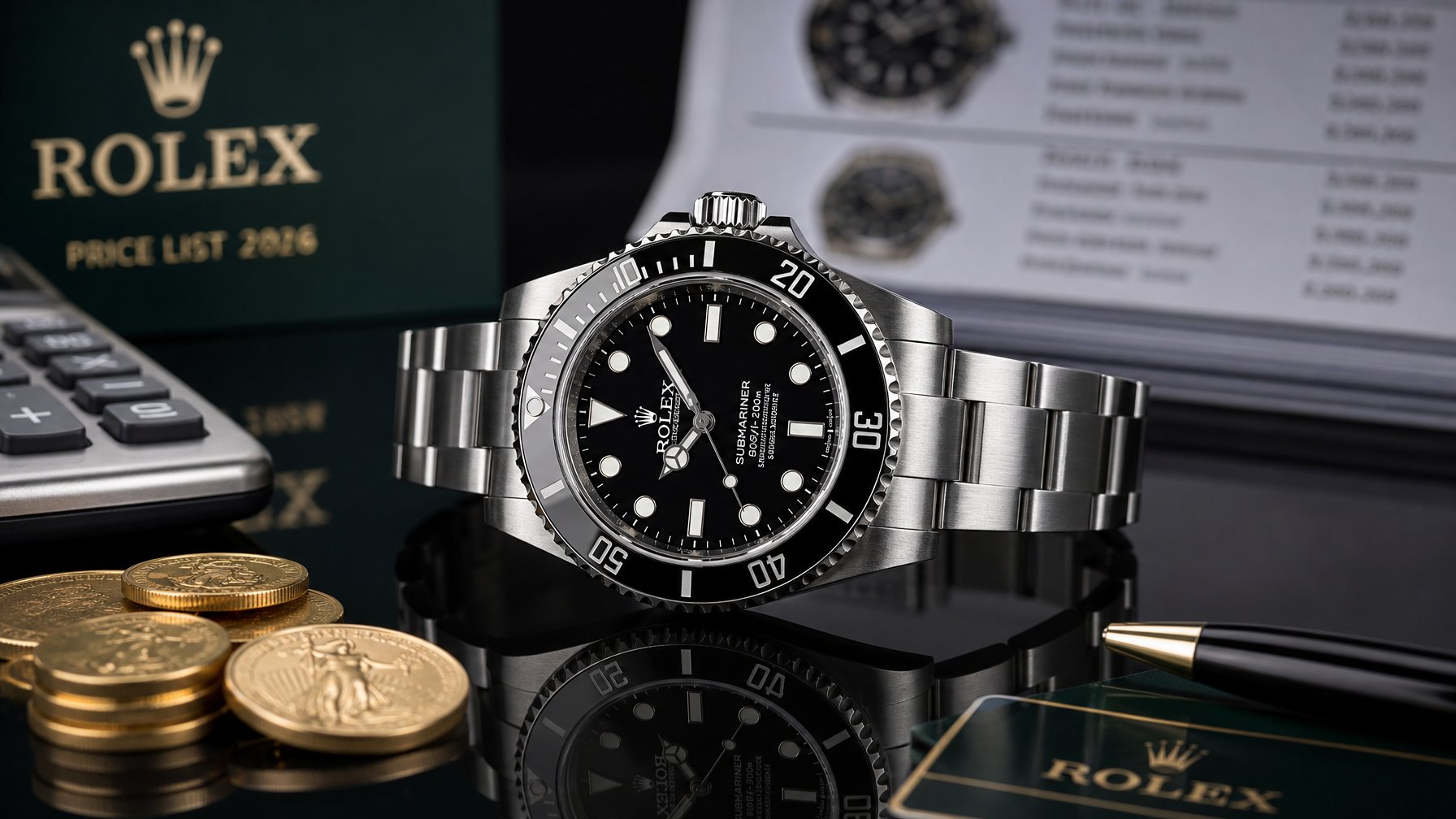 Sebuah jam tangan Rolex mewah tergeletak di atas permukaan hitam mengkilap dengan koin emas, kalkulator, dan dokumen keuangan di sekitarnya.
