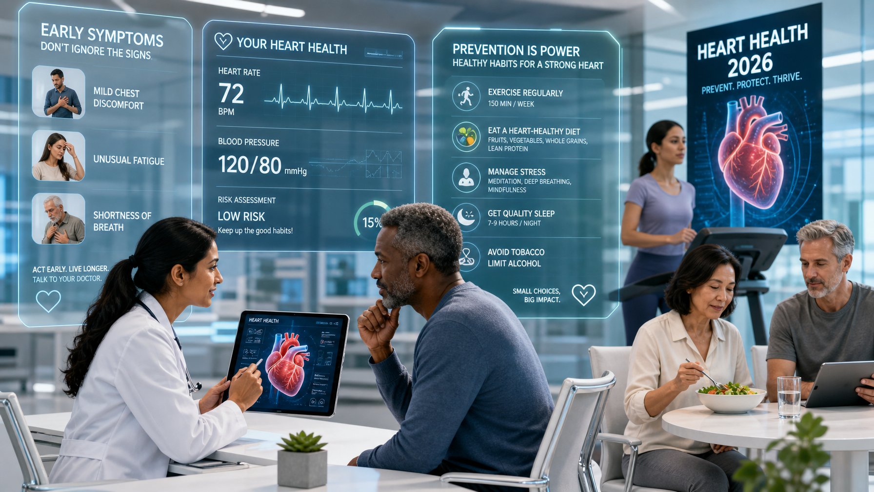 Seorang dokter sedang menjelaskan kesehatan jantung kepada pasien menggunakan tablet digital di ruang medis modern dengan latar belakang grafik tentang gejala awal dan pencegahan penyakit jantung.