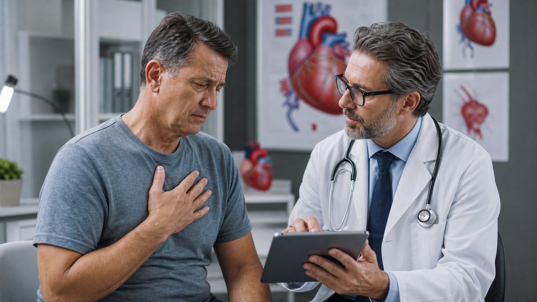 Seorang pasien memegang dada dengan ekspresi khawatir di sebuah ruang dokter, sedang berbicara dengan dokter yang menjelaskan menggunakan tablet.