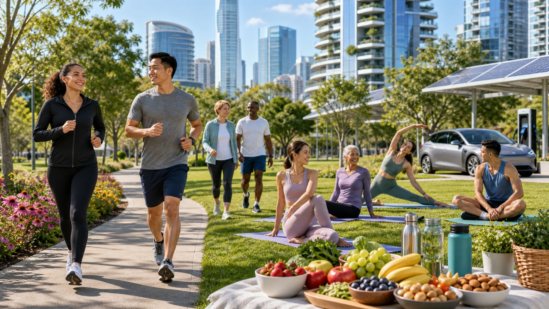Orang-orang melakukan aktivitas sehat seperti berlari, yoga, dan makan buah di taman hijau dengan latar belakang kota modern.