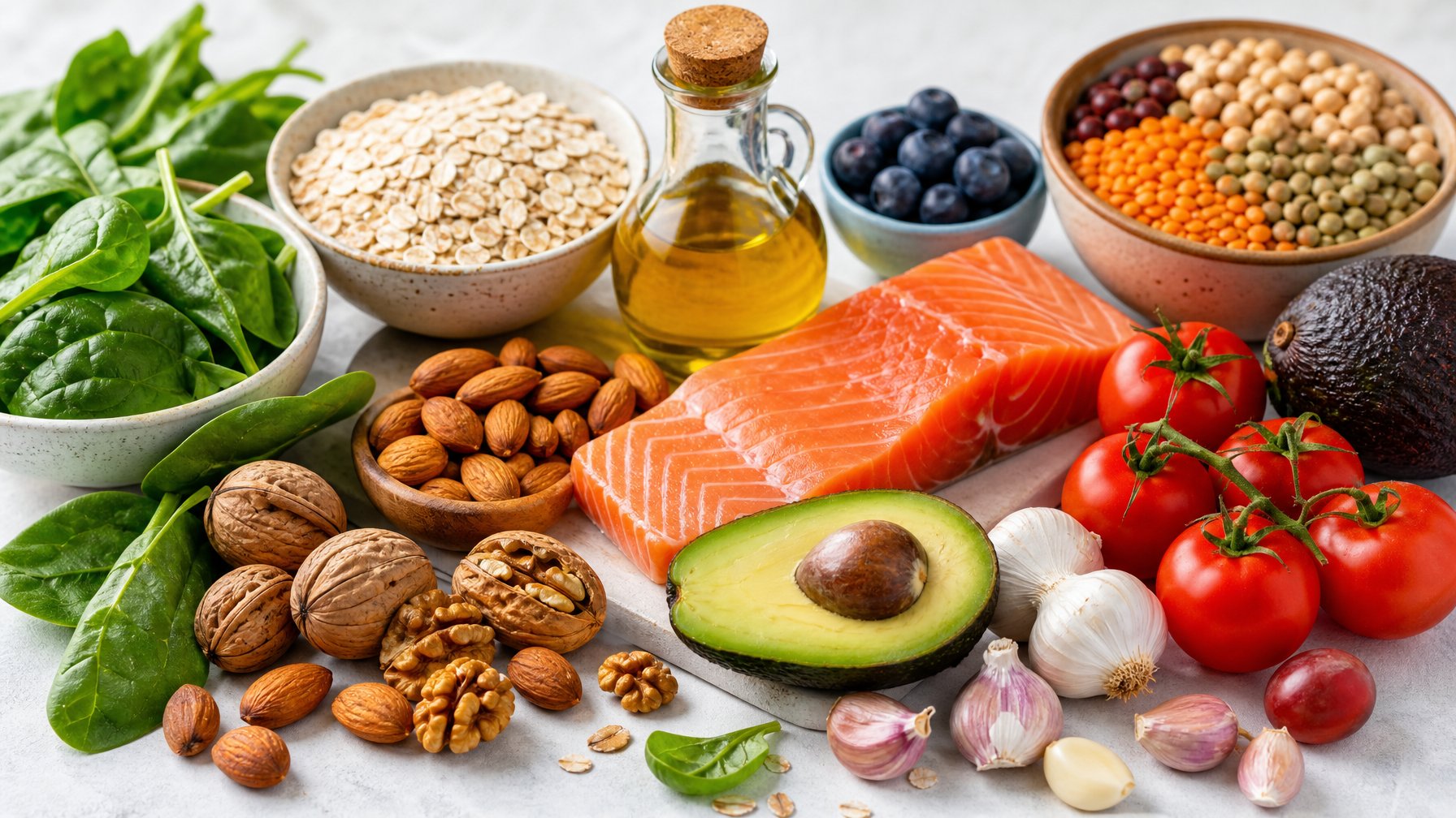 Berbagai makanan sehat seperti salmon, kacang-kacangan, alpukat, tomat, bayam, oat, blueberry, bawang putih, minyak zaitun, dan kacang polong yang disusun rapi di atas permukaan putih.
