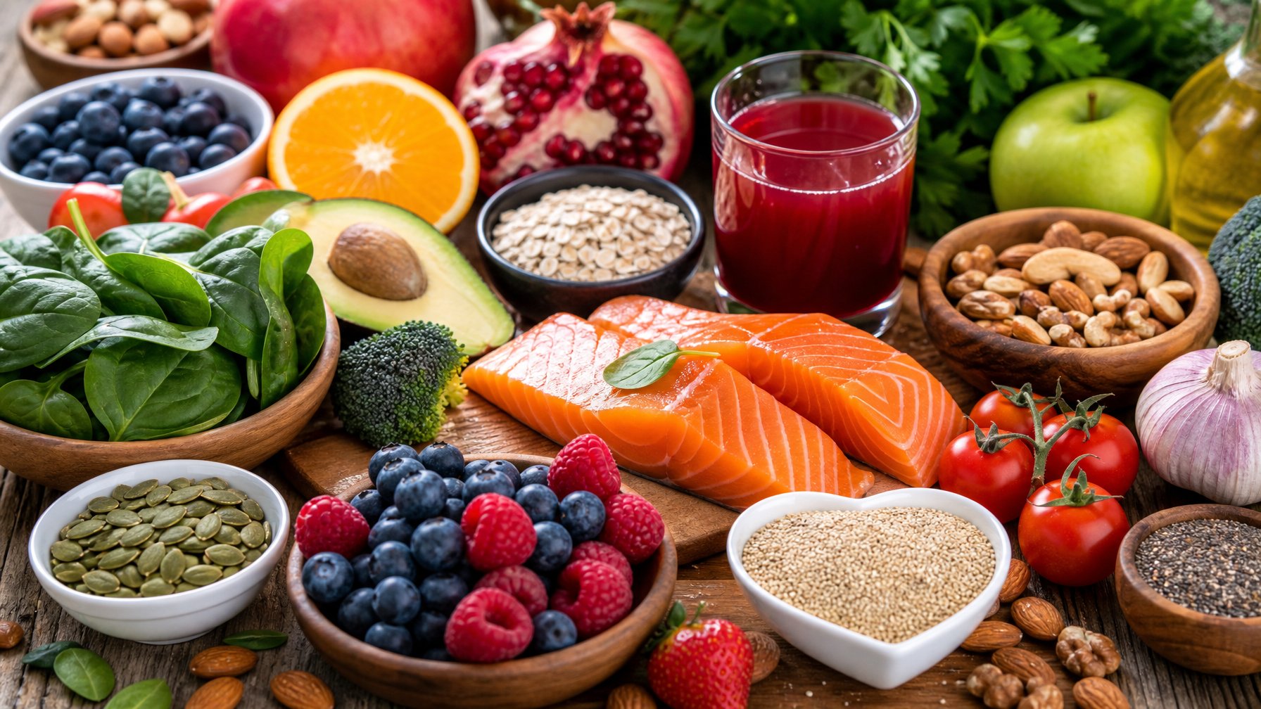 Berbagai makanan sehat untuk jantung seperti buah-buahan, sayuran, ikan salmon, kacang-kacangan, dan jus pomegranate yang tersusun rapi di atas meja kayu.