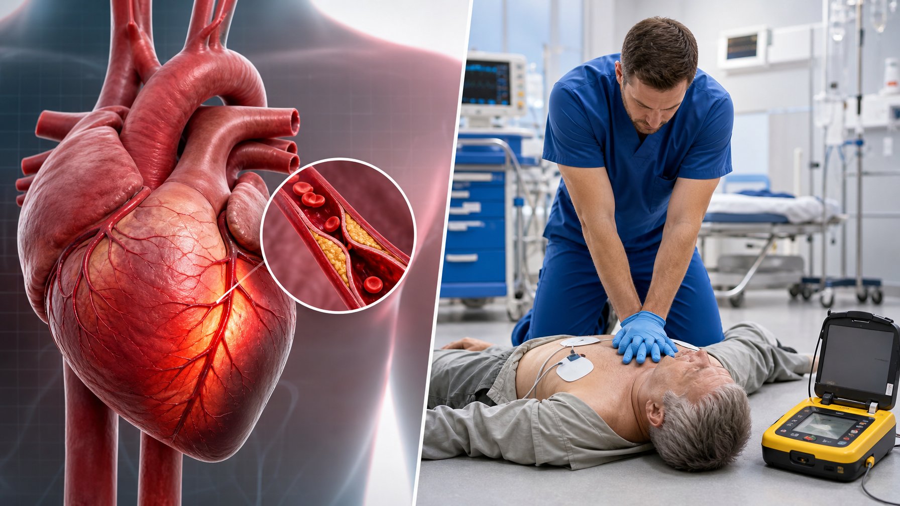 Gambar yang menunjukkan ilustrasi jantung dengan pembuluh darah tersumbat di satu sisi dan seorang tenaga medis melakukan CPR pada pasien di sisi lain.