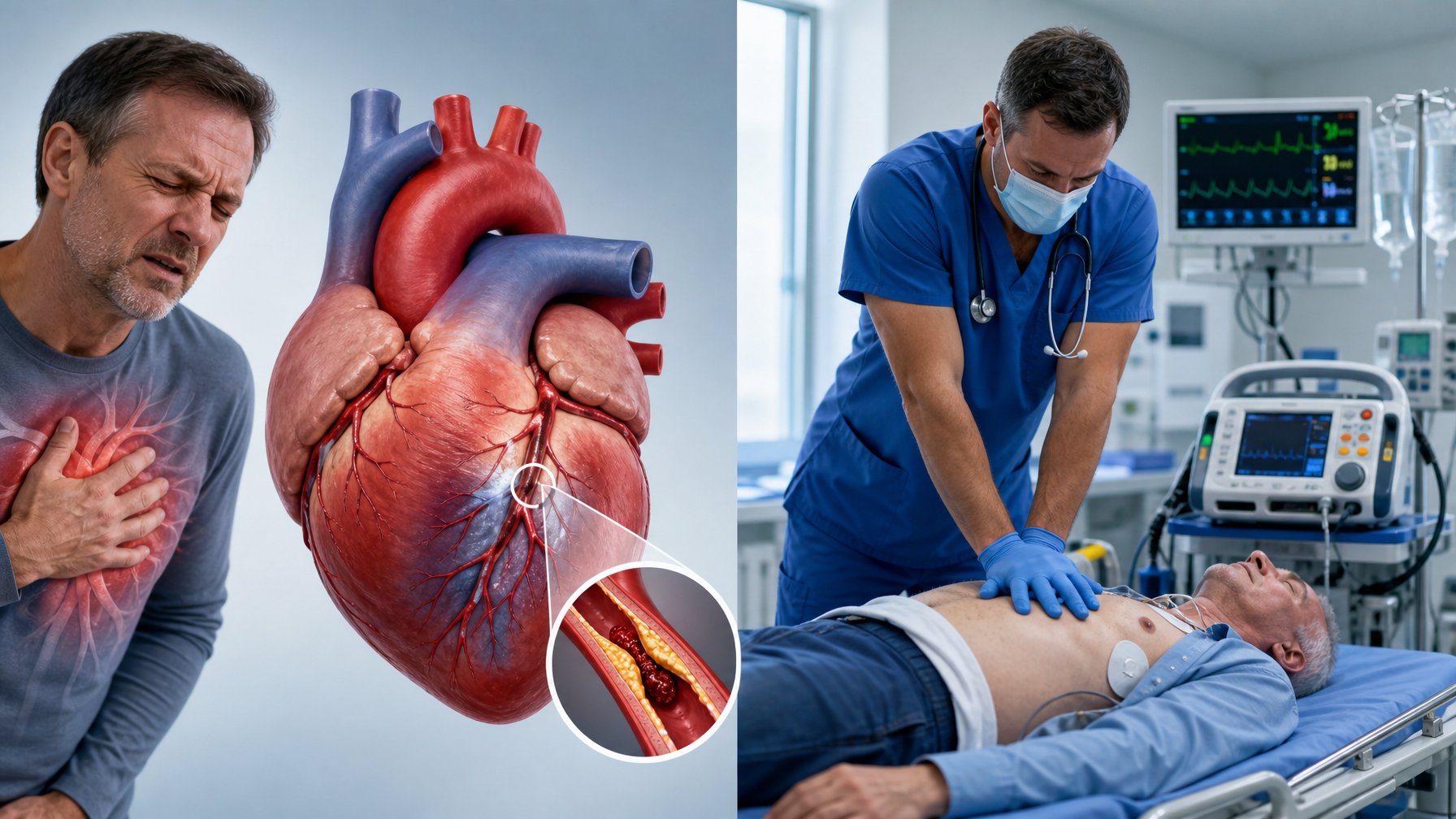 Dua adegan medis berdampingan yang menunjukkan perbedaan serangan jantung dan henti jantung, dengan model jantung dan tindakan CPR di rumah sakit.