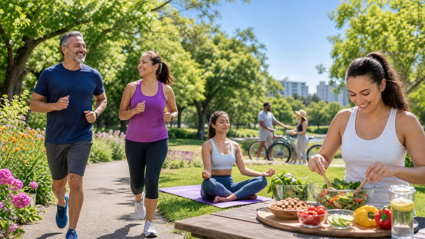Orang-orang beraktivitas di taman dengan berlari, yoga, dan menyiapkan makanan sehat untuk menjaga kesehatan jantung.