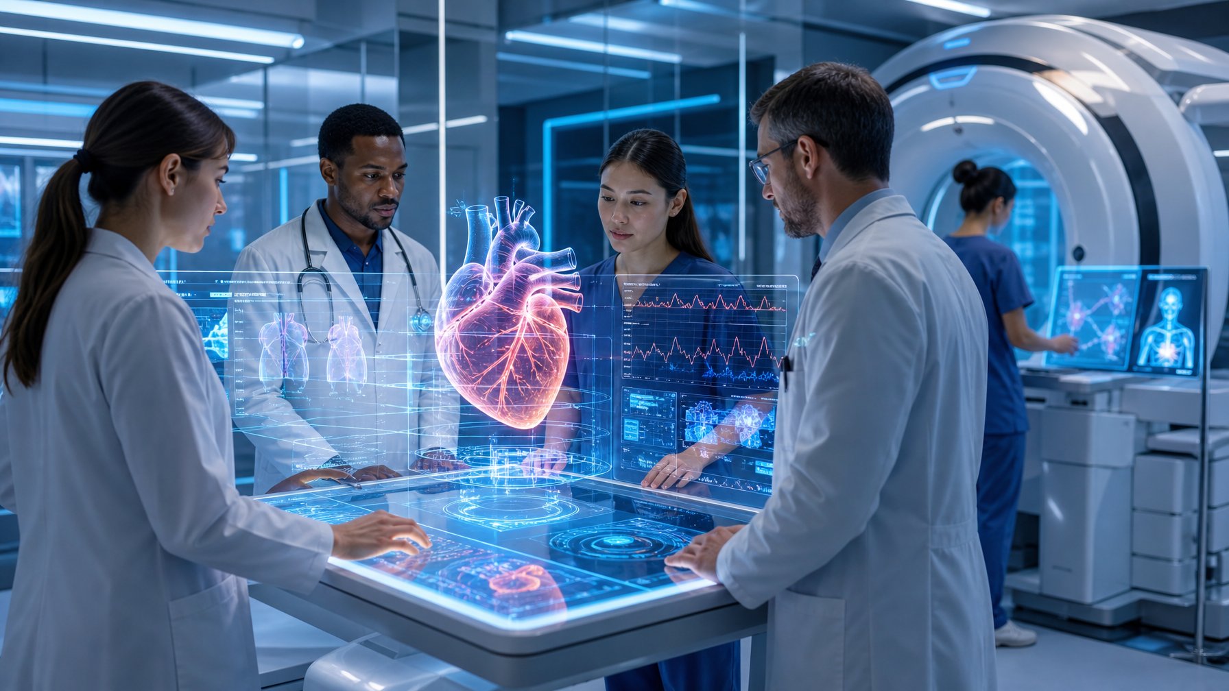 Para profesional medis menggunakan teknologi canggih untuk mendiagnosis penyakit jantung di laboratorium medis modern.