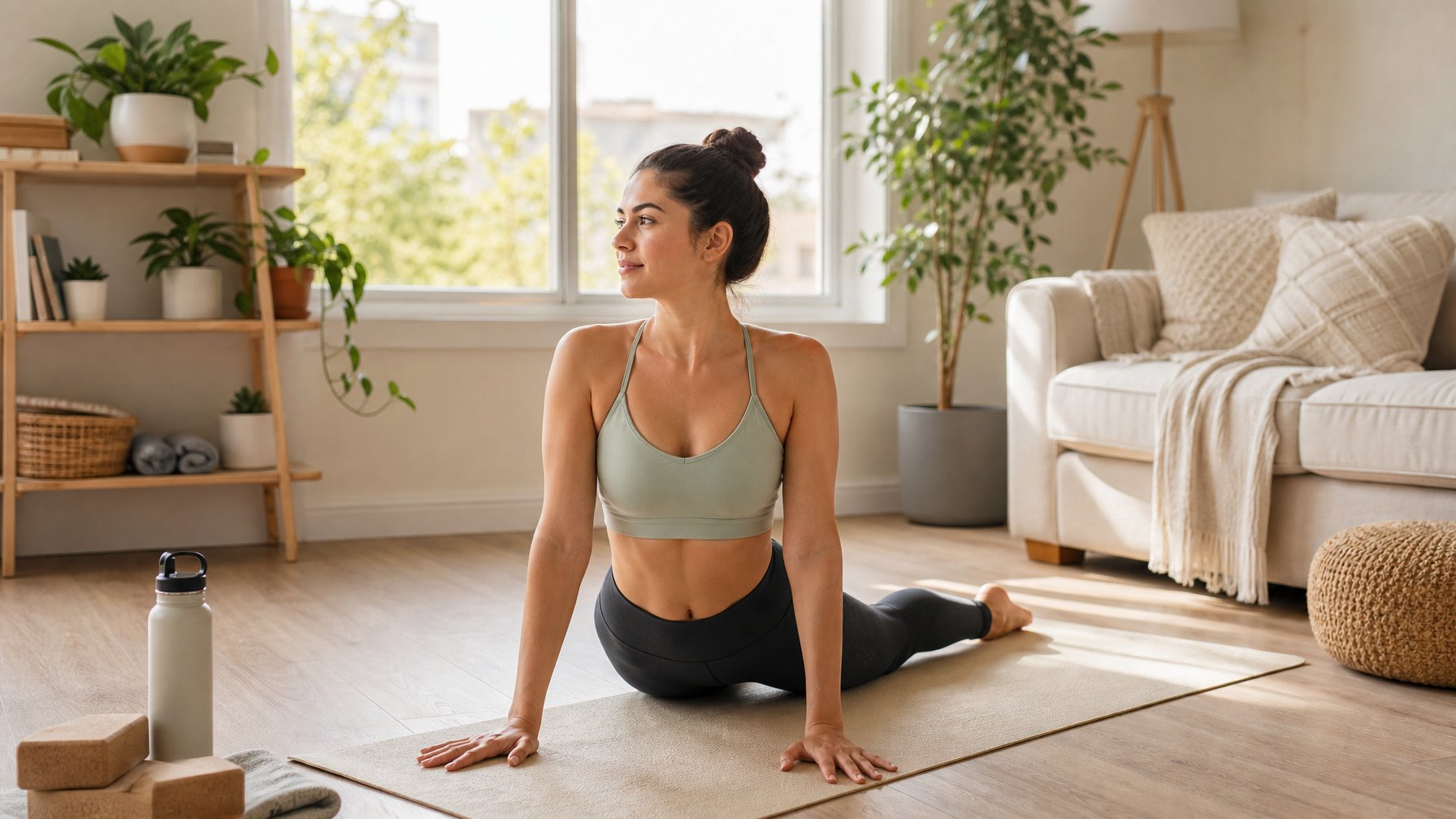Seorang wanita muda melakukan gerakan yoga dasar di ruang tamu yang terang dan rapi dengan tanaman dan perlengkapan yoga di sekitarnya.
