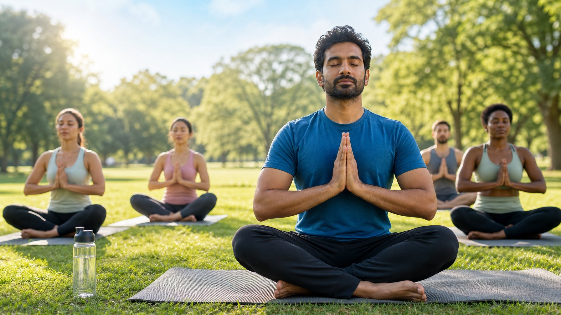 Seorang pria sedang melakukan yoga di taman yang tenang pada pagi hari dengan latar belakang pepohonan hijau dan langit biru.