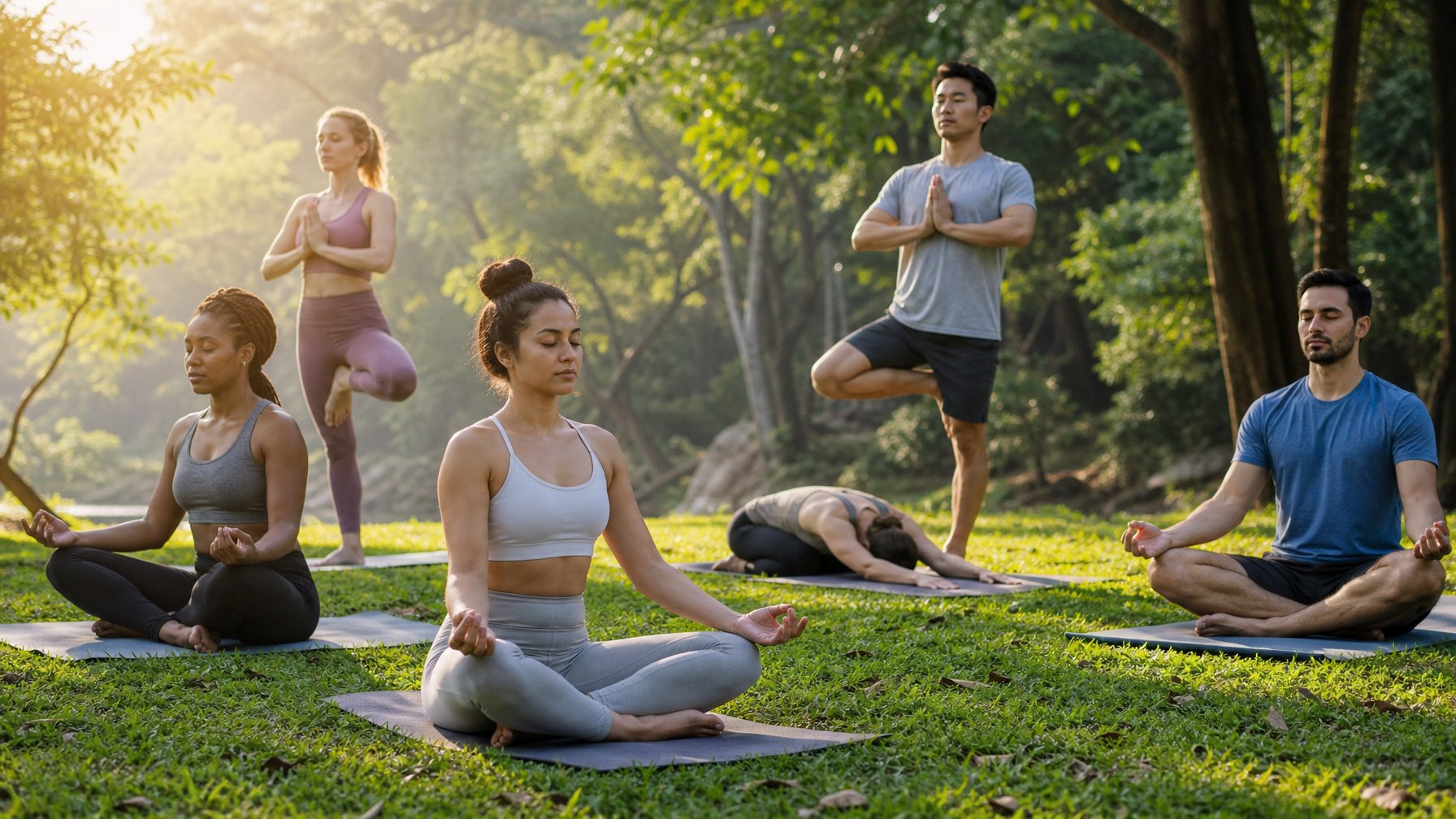Sekelompok orang melakukan yoga di luar ruangan di pagi hari dengan latar pepohonan dan sinar matahari lembut.
