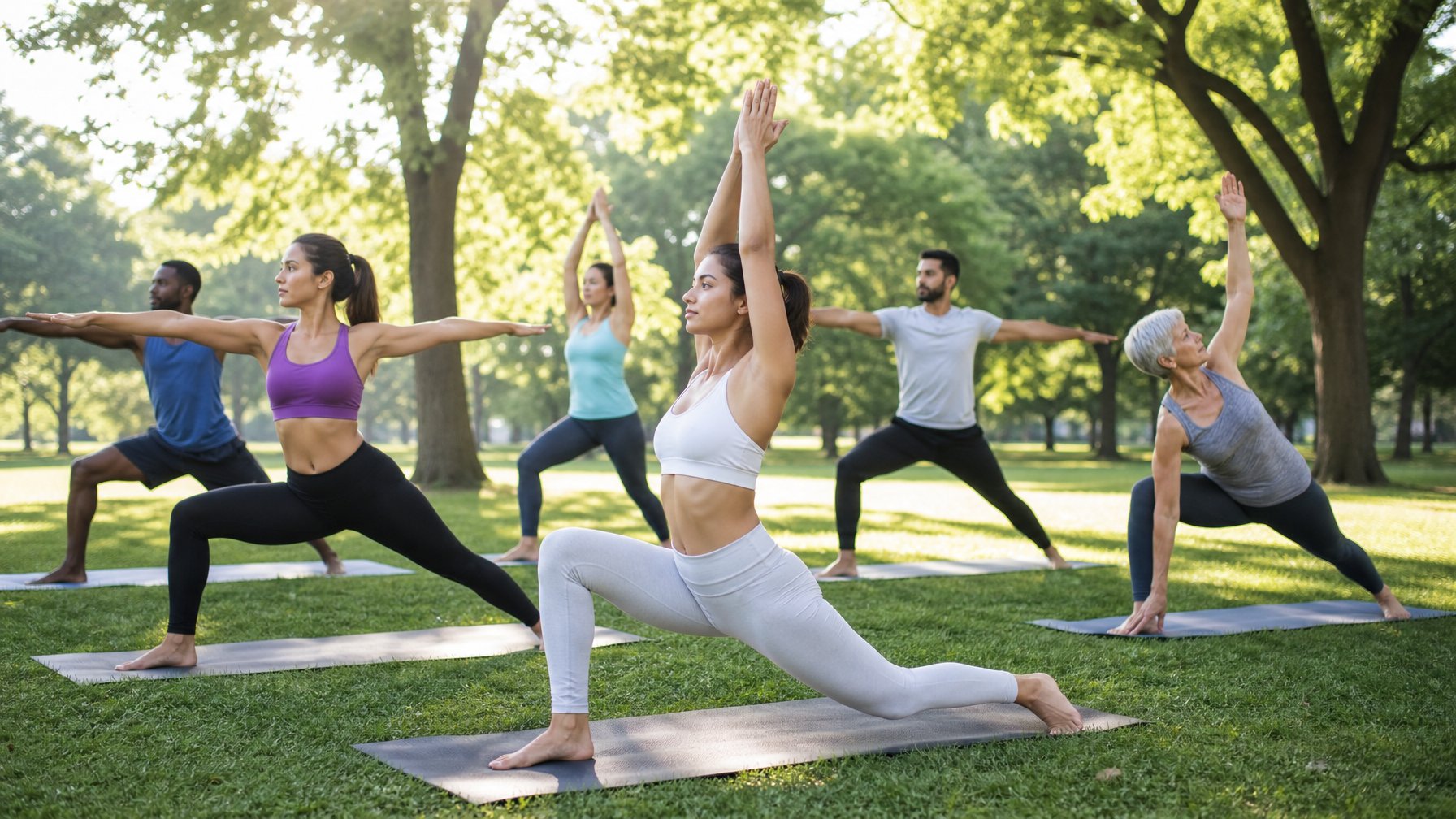 Sekelompok orang berlatih yoga di taman terbuka pada pagi hari dengan latar pepohonan hijau.