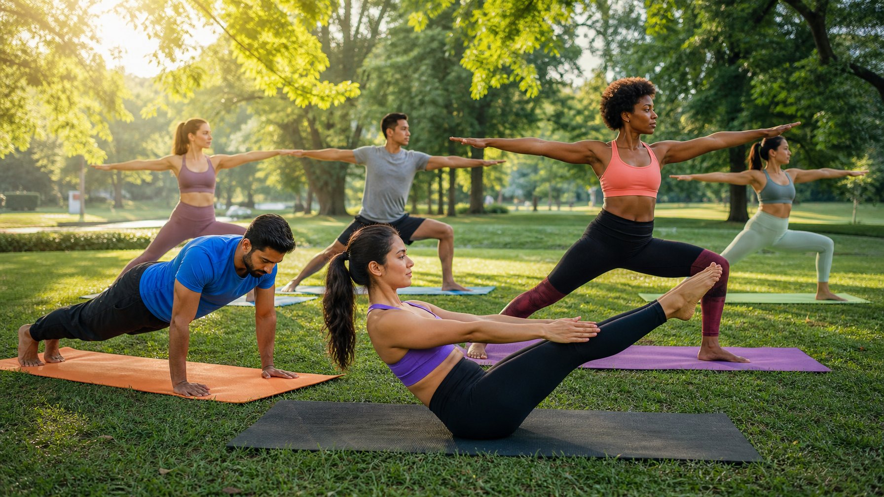 Sekelompok orang melakukan latihan yoga di taman dengan latar pepohonan hijau dan langit cerah.