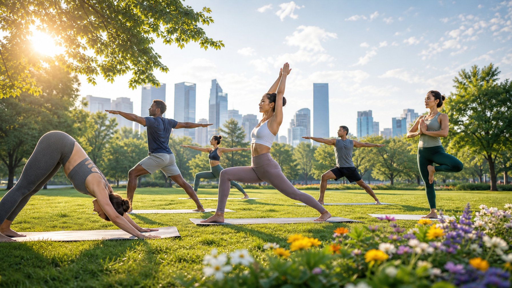 Sekelompok orang melakukan yoga pagi di taman yang cerah dan hijau dengan sinar matahari lembut dan langit biru.