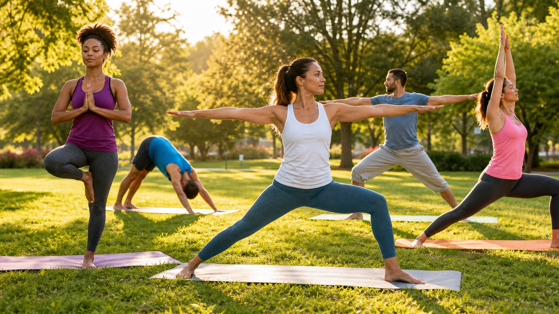 Sekelompok orang melakukan yoga pagi di taman dengan sinar matahari terbit, dikelilingi oleh pepohonan dan rumput hijau.