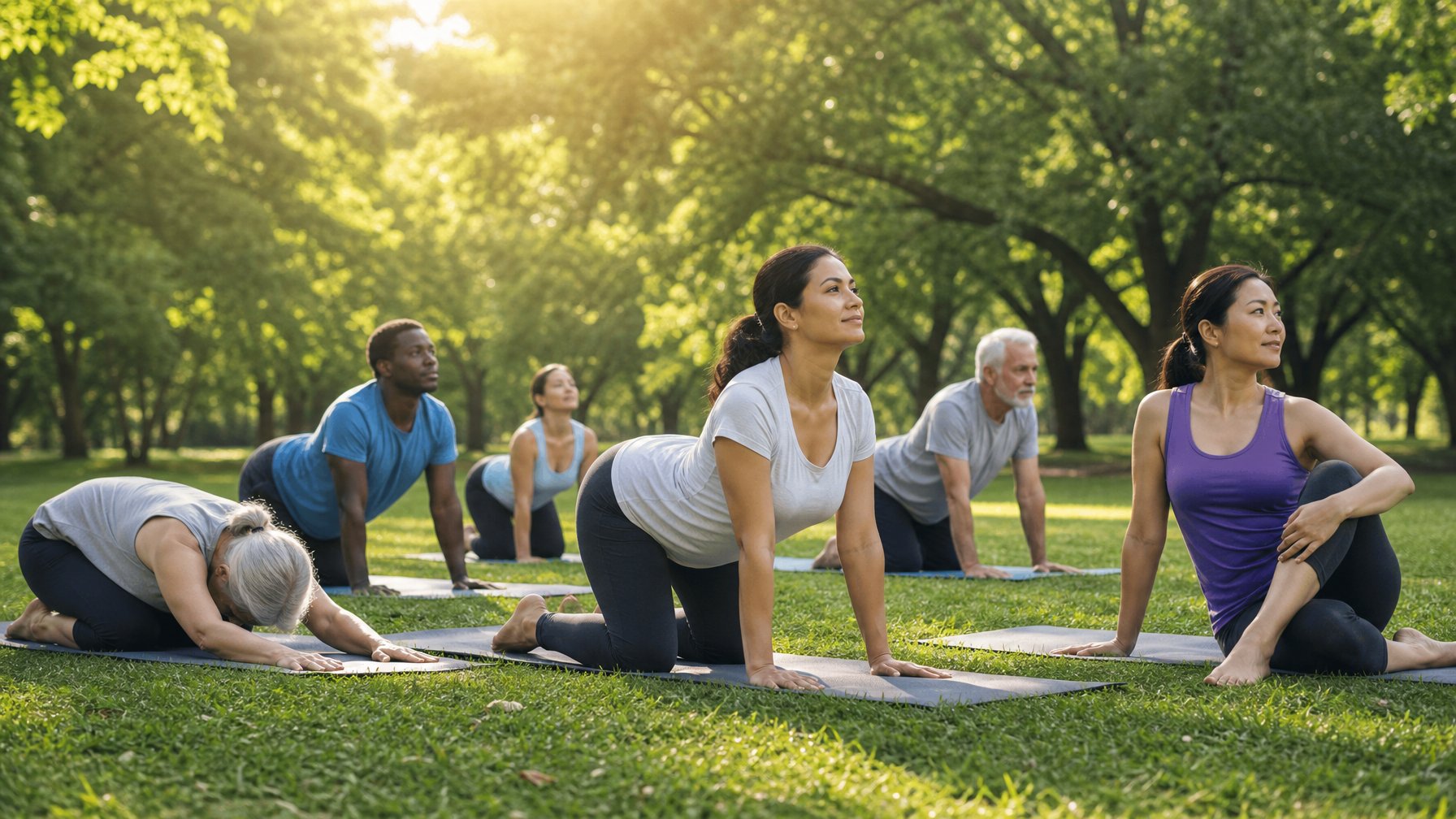 Sekelompok orang berbagai usia melakukan gerakan yoga di taman untuk mengurangi nyeri punggung.