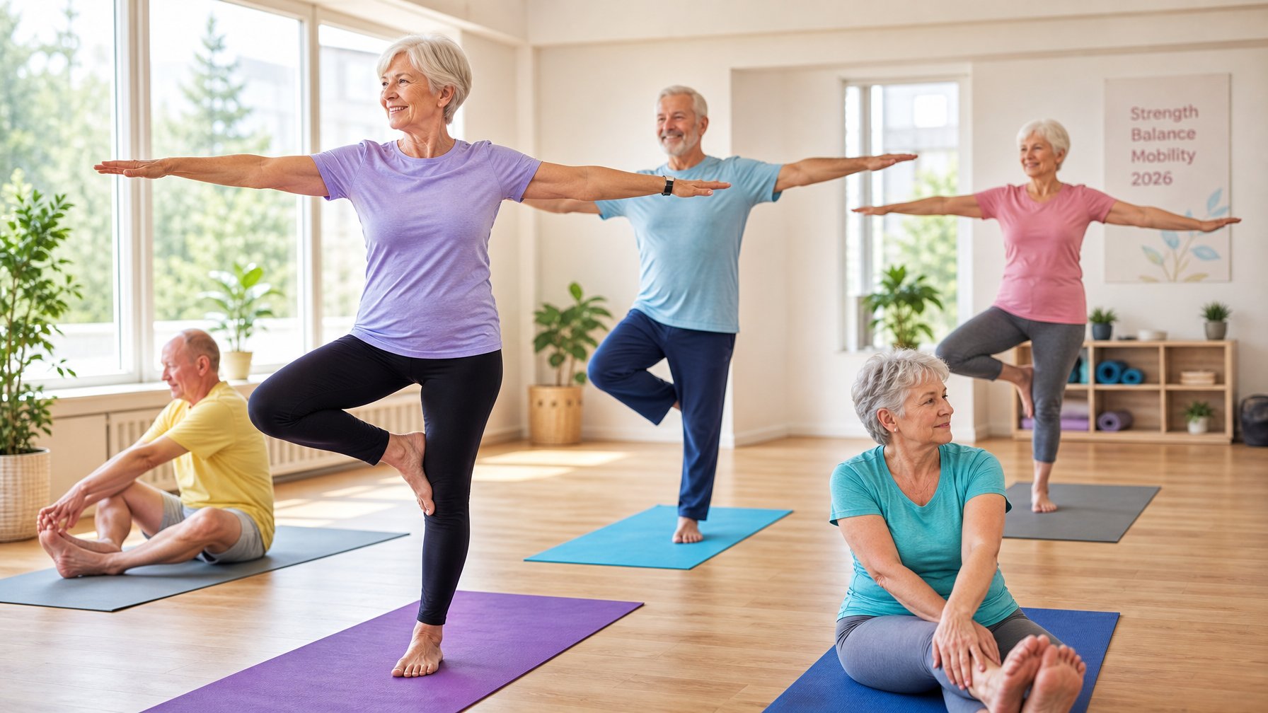 Beberapa lansia sedang melakukan latihan yoga ringan di dalam ruangan yang terang dengan jendela besar, mengenakan pakaian olahraga yang nyaman.