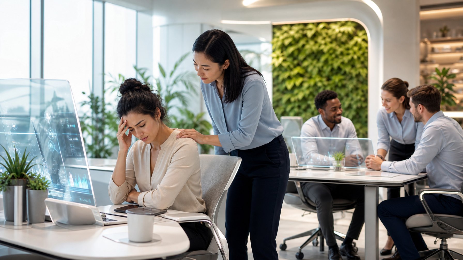 Karyawan di kantor modern sedang saling memberikan dukungan emosional dengan suasana kerja yang hangat dan penuh perhatian.